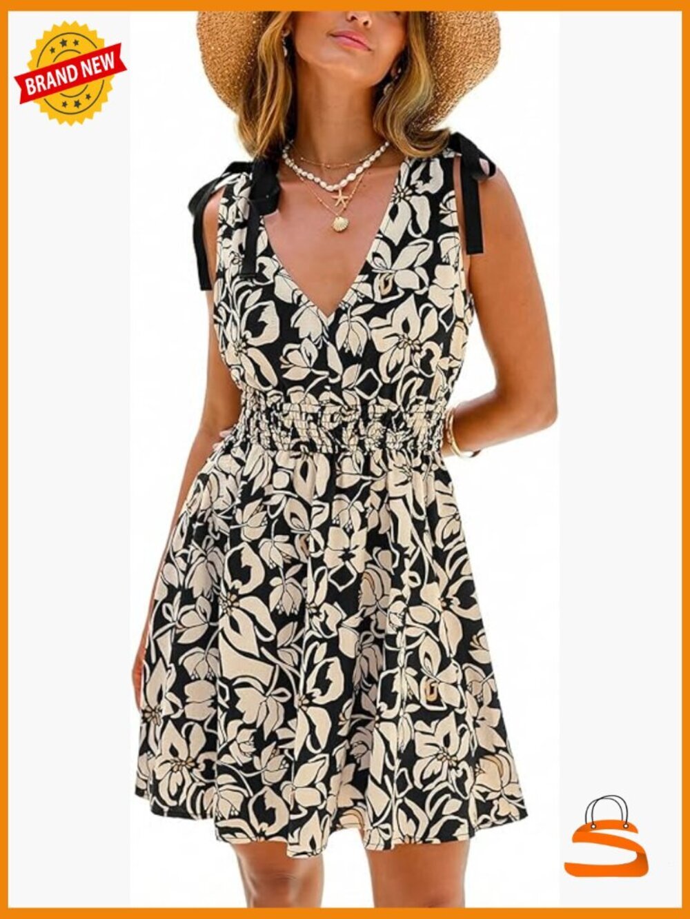 Sleeveless Smocked Short Dress with Tie Shoulders